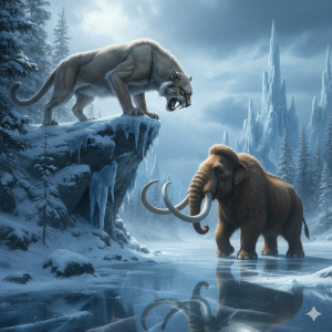 A saber toothed tiger having a stare off with the mammoth 